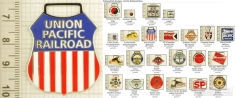 Pacific Lines railroad decorative fobs, various designs with strap, key chain, & watch chain options