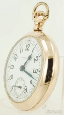 Waltham 18S 17J LS adj. Santa Fe Route (Crescent St.) pocket watch #6514610, heavy YGF SB&B case