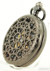 Chinese 16S 1J pocket watch, Hematite HC w/ filigree top cover & display back, skeletonized dial