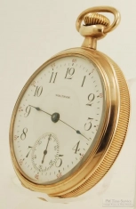 Waltham 16S 17J grade No. 625 pocket watch #17938498, YGF HB&B case with full engine turning