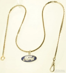 16.5" WBM square-link straight style pocket watch chain, WBM & enamel Ford fob