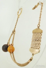 Marquardt 11" fancy mixed link Albert style YGF & glass pocket watch chain with goldstone sphere fob