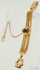 4" YGF multi-strand fancy ribbon-style pocket watch chain, belt clip finding, purple glass accents