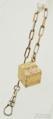 6" 2-tone YGF & WGF open rectangular link ribbon style pocket watch chain, 3-tone fancy cube weight