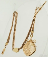 11.5" YGF double strand curb link Albert style pocket watch chain w/ slide & fancy YGF locket fob