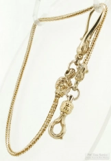 14" mixed 14k & 10k rope-link straight style pocket watch chain, lion's head finials, button-hook