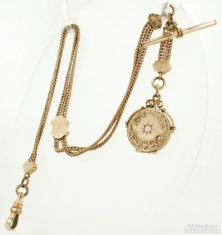 S.A.M. & Co. 12" YGF double-strand Albert-style pocket watch chain w/ YGF & opal picture locket fob