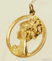 YBM round pocket watch chain fob with a woman in profile, elaborate up-swept hair & flower