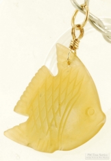 Carved semi-opaque light yellow stone angelfish pocket watch chain fob