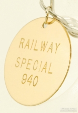 Yellow gold filled round "Railway Special 940" pocket watch chain fob