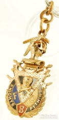 YGF & enamel articulated fancy shield-shaped Knights of Pythias & AOUW pocket watch chain fob