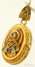 YBM & crystal oval locket pocket watch chain fob with a railroad train engine design