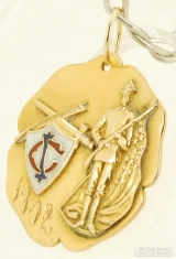 14k & enamel fancy round pocket watch chain fob, man in uniform holding a rifle & United States flag