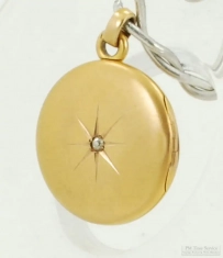 10k solid gold round locket pocket watch chain fob set with a small diamond & fancy monogram