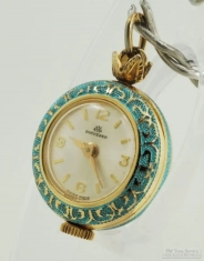 Bucherer 6-OS 17J adj. 3p ladies' pocket watch, lovely engraved YBM & light blue enamel pendant case