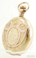 Elgin OS 7J grade 320 ladies' pocket watch #12111491, multi-colored YGF, RGF, & GGF engraved HC