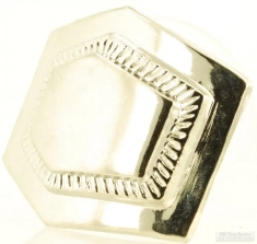 Asymmetrical WBM belt buckle, asymmetrical 6-sided shape with a raised center detail