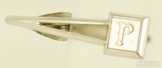 Swank silver plate tie clip with a gold "P" monogram, elegant cut-out "V" design