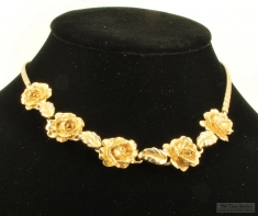 15.5" YBM rose-focal choker-style necklace, 3-dimensional YBM roses, engraved leaf-shaped links