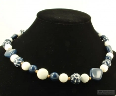 Wood, acrylic and brass 25" necklace with dark navy blue and pure white beads