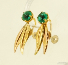 Vintage 2-tone yellow & rose plate and green glass screw-back earrings with leaf-pattered segments