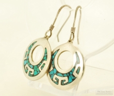 Vintage Mexican silver & turquoise geometric cut-out round fishhook earrings