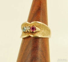 Heavy RESCO 10k, pink sapphire, diamond & blue topaz ring, leaf designs, engraved, approx. 2.9dwt