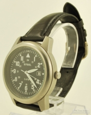 Steel quartz with date wrist watch, WBM gunmetal water-resistant case, black Canadian-style dial