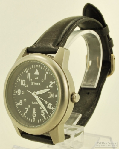 PMW1120: Steel quartz with date wrist watch, WBM gunmetal water-resistant  case, black Canadian-style dial