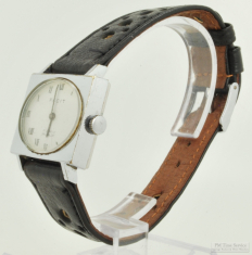Facit 17J wrist watch, case #70, handsome wide rectangular WBM chrome & SS case, distinctive band