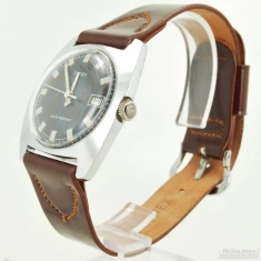 Timex 0J wrist watch with date, WBM chrome & SS cushion-shaped WR case, 2-tone burgundy & navy dial