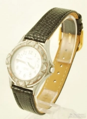 Timex quartz ladies' wrist watch, heavy WBM & SS round case, white metal dial, black leather band