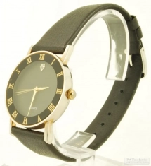 Chinese-made quartz wrist watch, YBM & SS round case, dark green dial w/ crystal, black leather band